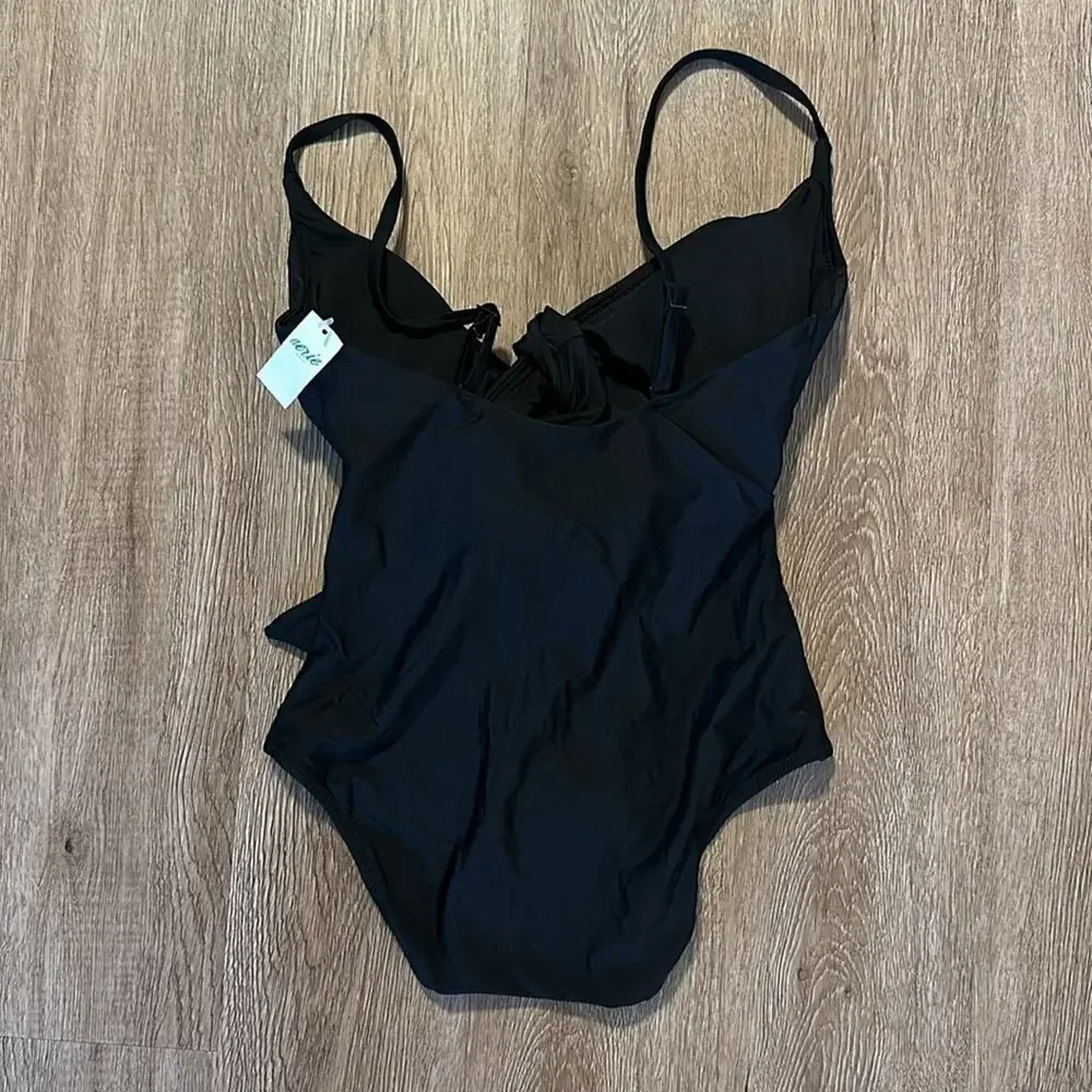 NWT Aerie Full Coverage One Piece Swimsuit Black Small‎ Wrap V Neck